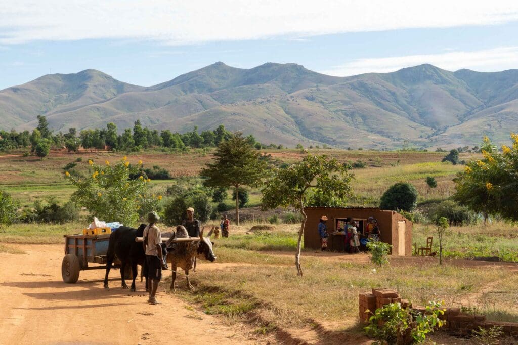 Petit village face aux montagnes
